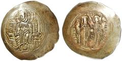 BYZANTINISCHE MÜNZEN MANUEL I. COMNENUS. 1143-1180. El-Aspron Trachy. Christus thront frontal. Rs: Kaiser steht frontal mit Labarum und Kreuzglobus, wird von Maria bekrönt. Sear 1961. Ratto 2118. 4.08