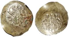 BYZANTINISCHE MÜNZEN ALEXIUS III. ANGELUS-COMNENUS. 1195-1203. El-Aspron Trachy. Christus thront frontal. Rs: Hl. Constantin und Kaiser stehen frontal, halten zwischen sich Labarum. Sear 2010. Ratto v