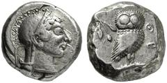 GRIECHISCHES MUTTERLAND ATTIKA ATHEN. Tetradrachme. 510-480. Athenakopf mit attischem Helm r. Rs: Eule r., dahinter Olivenzweig. SNG COP. 19 f. Svoronos Taf. 5,30. SNG München 36. 17.20g. Hohes Relief