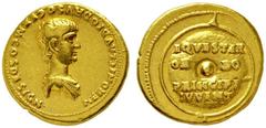 RÖMISCHE MÜNZEN RÖMISCHES KAISERREICH NERO. 54-68. Aureus. Geprägt unter Claudius. NERONI CLAVDIO DRVSO GERM COS DESIGN Bloße drapierte Büste r. Rs: EQVESTER ORDO PRINCIPI IVVENT in 4 Zeilen auf Runds