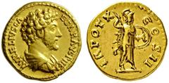 RÖMISCHE MÜNZEN RÖMISCHES KAISERREICH MARCUS AURELIUS. 161-180. Aureus. Als Caesar. AVRELIVS CAESAR AVG PII FIL Drapierte Büste r. Rs: TR POT X COS II Minerva mit Speer und Schild in Angriffsstellung 