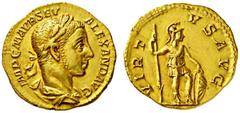 RÖMISCHE MÜNZEN RÖMISCHES KAISERREICH SEVERUS ALEXANDER. 222-235. Aureus. IMP C M AVR SEV ALEXAND AVG Belorbeerte und drapierte Büste r. Rs: VIRTVS AVG Virtus steht r. mit Speer und Schild. C. 575. R.