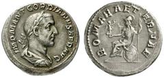RÖMISCHE MÜNZEN RÖMISCHES KAISERREICH GORDIANUS I. AFRICANUS. 238. Denar. IMP M ANT GORDIANVS AFR AVG Belor­ beerte, drapierte und gepanzerte Büste r. R: ROMAE AETERNAE Roma thront l. mit Victoria und