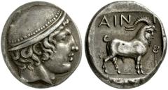 GRIECHISCHE MÜNZEN, GRIECHISCHES MUTTERLAND, THRAKIEN, AINOS Tetradrachme. 440-412. Hermeskopf mit Petasos r. Rs: AINI Ziegenbock r. Beizeichen Caduceus. Alles in Quadratum incusum. SNG COP. 395 var. 