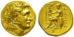GRIECHISCHE MÜNZEN, GRIECHISCHES MUTTERLAND, KÖNIGREICH THRAKIEN LYSIMACHOS. 323-281, Makedonien, Pella.Au-Stater. Alexanderkopf mit Diadem und Ammonshorn r. Rs: BA_I_E__ _Y_IMAXOY Athena thront l. mi