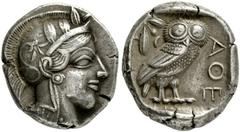 GRIECHISCHE MÜNZEN, GRIECHISCHES MUTTERLAND, ATTIKA, ATHEN. Tetradrachme. Ca. 450-404. Athenakopf mit attischem Helm r., darauf Ranke und 3 Olivenblätter. Rs: A_E Eule r., dahinter Olivenzweig und Mon