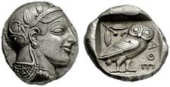GRIECHISCHE MÜNZEN, GRIECHISCHES MUTTERLAND, ATTIKA, ATHEN. Tetradrachme. 479-ca. 450. Behelmter Athenakopf r. Rs: Eule r., dahinter Olivenzweig und Mondsichel. SNG COP. -. Svoronos Taf. 10. Starr Gr.
