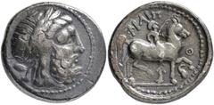 KELTEN, DONAUKELTEN, IMIT. D. TETRAD. PHILIPPOS II. Tetradrachme. Typ mit unvollständiger Legende. Belorbeerter Zeuskopf r. Rs: Reiter mit Zweig r. Beizeichen Fackel und Delphin. OTA 14,3 var. Kostial