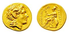GRIECHISCHE MÜNZEN, GRIECHISCHES MUTTERLAND, KÖNIGREICH THRAKIEN LYSIMACHOS. 323-281, Wohl Makedonien, Pella.Au-Stater. Alexanderkopf mit Diadem und Ammonshorn r. Rs: Athena thront l. mit Schild und N