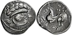 KELTEN, DONAUKELTEN, IMIT. D. TETRAD. PHILIPPOS II. Tetradrachme. Typ mit eingesetztem Pferdefuß. Stilisierter Zeuskopf r. Rs: Stilisierter Reiter l. OTA 122, 2/3. Kostial 412. 9.03g, Schöne Tönung. s
