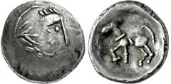 KELTEN, DONAUKELTEN, IMIT. D. TETRAD. PHILIPPOS II. Tetradrachme. Scyphatförmige Variante des Typs "Sattelkopfpferd". Stilisierter Kopf r. Rs: Stilisiertes Pferd l. OTA -. Kostial -. Slg. Schörghuber 