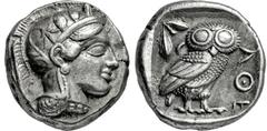 GRIECHISCHE MÜNZEN, GRIECHISCHES MUTTERLAND, ATTIKA, ATHEN. Tetradrachme. 479-404. Behelmter Athenakopf r. Rs: Eule r., dahinter Olivenzweig und Mondsichel. SNG COP. 32 ff. Svoronos Taf. 12-16. 17.16g