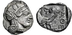 GRIECHISCHE MÜNZEN, GRIECHISCHES MUTTERLAND, ATTIKA, ATHEN. Tetradrachme. 479-404. Behelmter Athenakopf r. Rs: Eule r., dahinter Olivenzweig und Mondsichel. SNG COP. 32 ff. Svoronos Taf. 12-16. 17.05g