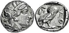GRIECHISCHE MÜNZEN, GRIECHISCHES MUTTERLAND, ATTIKA, ATHEN. Tetradrachme. 479-404. Behelmter Athenakopf r. Rs: Eule r., dahinter Olivenzweig und Mondsichel. SNG COP. 32 ff. Svoronos Taf. 12-16. 17.15g