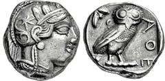 GRIECHISCHE MÜNZEN, GRIECHISCHES MUTTERLAND, ATTIKA, ATHEN. Tetradrachme. 479-404. Behelmter Athenakopf r. Rs: Eule r., dahinter Olivenzweig und Mondsichel. SNG COP. 32 ff. Svoronos Taf. 12-16. 17.11g