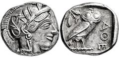 GRIECHISCHE MÜNZEN, GRIECHISCHES MUTTERLAND, ATTIKA, ATHEN. Tetradrachme. 479-404. Behelmter Athenakopf r. Rs: Eule r., dahinter Olivenzweig und Mondsichel. SNG COP. 32 ff. Svoronos Taf. 12-16. 17.19g