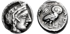 GRIECHISCHE MÜNZEN, GRIECHISCHES MUTTERLAND, ATTIKA, ATHEN. Östliche Imitation.Obol. 5./4. Jh. Behelmter Athenakopf r. Aramäischer Graffito (R oder T). Rs: Eule r., dahinter Olivenzweig. 0.83g, Hohes 