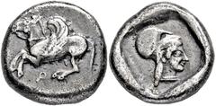 GRIECHISCHE MÜNZEN, GRIECHISCHES MUTTERLAND, KORINTH UND SEINE KOLONIEN, KORINTH. Stater. 500-450. Pegasos l. Rs: Athenakopf mit korinthischem Helm r. in rautenförmigem Incusum. BCD Coll. 21. 8.32g, S