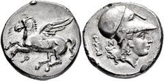 GRIECHISCHE MÜNZEN, GRIECHISCHES MUTTERLAND, KORINTH UND SEINE KOLONIEN, KORINTH. Stater. 4. Jh. v. Chr. Pegasos l. Rs: Athenakopf mit korinthischem Helm r. Beizeichen Herme. BMC -. BCD Coll. -, vgl. 