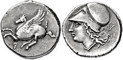 GRIECHISCHE MÜNZEN, GRIECHISCHES MUTTERLAND, KORINTH UND SEINE KOLONIEN, KORINTH. Stater. Spätes 4./frühes 3. Jh. Pegasos l. Rs: Athenakopf mit korinthischem Helm l. Beizeichen Schiffsmast. BMC 371. B