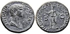 RÖMISCHE MÜNZEN, RÖMISCHES KAISERREICH ANTONIA. TOCHTER D. MARCUS ANTONIUS. 16-, Geprägt unter Claudius.Dupondius. ANTONIA AVGVSTA Drapierte Büste r. mit langem Zopf. Rs: TI CLAVDIVS CAESAR AVG P M TR