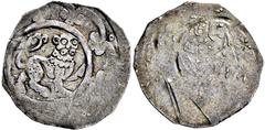 Medieval Römisch-Deutsches Reich, HERZOGTUM BAYERN, FREISING,BISCHÖFLICHE MÜNZSTÄTTE Albert I. 1158-1184, Pfennig o.J. Löwe rechts in Lilienbogenrand. Rs: Bischof von vorne. Sellier 68 Var. Schöne dun