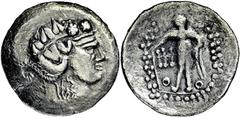 KELTEN, DONAUKELTEN, IMIT. D. TETRADR. V. THASOS. Tetradrachme. Dionysoskopf mit Efeukranz r. Rs: Herakles steht l. mit Keule. Stilisierte Darstellungen und Punkt-Strich-Legende. OTA -, vgl. Klasse IV