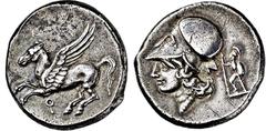 GRIECHISCHE MÜNZEN, GRIECHISCHES MUTTERLAND, KORINTH UND SEINE KOLONIEN, KORINTH. Stater. 4. Jh. v. Chr. Pegasos l. Rs: Athenakopf mit korinthischem Helm l. Beizeichen Ares l. mit Speer und Schild. BC
