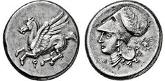 GRIECHISCHE MÜNZEN, GRIECHISCHES MUTTERLAND, KORINTH UND SEINE KOLONIEN, KORINTH. Stater. 4. Jh. v. Chr. Pegasos l. Rs: Athenakopf mit korinthischem Helm l. Beizeichen Ägis mit Gorgoneion. BMC 253 f. 