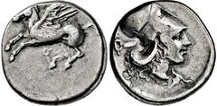 GRIECHISCHE MÜNZEN GRIECHISCHE MÜNZEN, GRIECHISCHES MUTTERLAND, KORINTH UND SEINE KOLONIEN, KORINTH. Stater. Spätes 5.-frühes 4. Jh. Pegasos l. Rs: Athenakopf mit korinthischem Helm r. Beizeichen Hand
