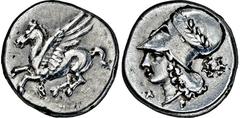 GRIECHISCHE MÜNZEN GRIECHISCHE MÜNZEN, GRIECHISCHES MUTTERLAND, KORINTH UND SEINE KOLONIEN, KORINTH. Stater. 4. Jh. v. Chr. Pegasos l. Rs: Athenakopf mit korinthischem Helm l. Beizeichen Aegis. BCD Co