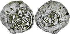 Medieval Coins Römisch-Deutsches Reich, HERZOGTUM BAYERN, REGENSBURG,BISCHÖFLICHE MÜNZSTÄTTE Konrad I. 1126-1132, Pfennig o.J. (um 1120/30). Brustbild eines Geistlichen (St.Peter ?) von vorn. Rs: Gebä