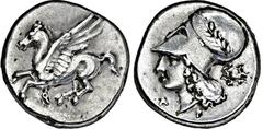 GRIECHISCHE MÜNZEN GRIECHISCHE MÜNZEN, GRIECHISCHES MUTTERLAND, KORINTH UND SEINE KOLONIEN, KORINTH. Stater. 4. Jh. v. Chr. Pegasos l. Rs: Athenakopf mit korinthischem Helm l. Beizeichen Aegis. BCD Co