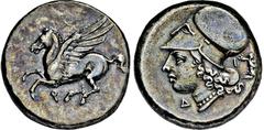 GRIECHISCHE MÜNZEN GRIECHISCHE MÜNZEN, GRIECHISCHES MUTTERLAND, KORINTH UND SEINE KOLONIEN, KORINTH. Stater. 4. Jh. v. Chr. Pegasos l. Rs: Athenakopf mit korinthischem Helm l. Beizeichen Artemis r. mi