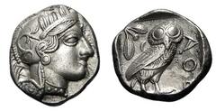 Griechische Münzen Griechisches Mutterland Attika ATHEN. Tetradrachme 479-393. Athenakopf rechts mit attischem Helm, an dem drei Olivenblätter befestigt sind. Rs: Eule rechts, dahinter Olivenzweig und