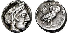 GRIECHISCHE MÜNZEN GRIECHISCHE MÜNZEN, GRIECHISCHES MUTTERLAND, ATTIKA, ATHEN. Östliche Imitation.Obol. 5./4. Jh. Behelmter Athenakopf r. Aramäischer Graffito (R oder T). Rs: Eule r., dahinter Olivenz