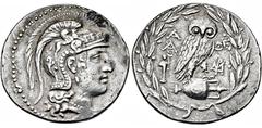 GRIECHISCHE MÜNZEN GRIECHISCHE MÜNZEN, GRIECHISCHES MUTTERLAND, ATTIKA, ATHEN. Tetradrachme. 183/182. Behelmter Athenakopf r. Rs: Eule sitzt r. auf Amphora. Beizeichen Herme. Alles in Kranz. Thompson 