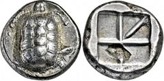 GRIECHISCHE MÜNZEN GRIECHISCHE MÜNZEN, GRIECHISCHES MUTTERLAND, AIGINA Stater. 404-ca. 350. Landschildkröte. Rs: Unregelmäßig geteiltes Quadratum incusum. SNG COP. -. SNG München 569. 12.22g, Schöne T