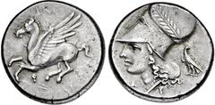 GRIECHISCHE MÜNZEN GRIECHISCHE MÜNZEN, GRIECHISCHES MUTTERLAND, KORINTH UND SEINE KOLONIEN, KORINTH. Stater. 4. Jh. v. Chr. Pegasos l. Rs: Athenakopf mit korinthischem Helm l. Beizeichen Adler l. mit 