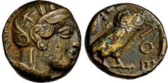 GRIECHISCHE MÜNZEN, GRIECHISCHES MUTTERLAND, ATTIKA, ATHEN. AE-Anima einer subaeraten Tetradrachme. 5./4. Jh. Behelmter Athenakopf r. Rs: Eule r., dahinter Olivenzweig und Mondsichel. SNG COP. vgl. 32