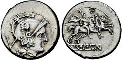 RÖMISCHE REPUBLIK, ANONYM Quinar. Nach 211 v. Chr. Behelmter Romakopf r., dahinter Wertzeichen V. Rs: Dioskuren reiten r. Syd. 141. RRC 44, 6. 2.25g, Schöne Tönung. fast vz