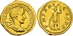 RÖMISCHE MÜNZEN, RÖMISCHES KAISERREICH GORDIANUS III. 238-244, Aureus. IMP CAES M ANT GORDIANVS AVG Belorbeerte, drapierte und gepanzerte Büste r. Rs: P M TR P II COS P P Virtus steht l. mit Schild un