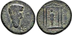 Ancient Coins RÖMISCHE MÜNZEN, RÖMISCHES KAISERREICH NERO. 54-68, Ionien, Magnesia. AE-26 mm. Bloßer Kopf r. Gegenstempel Blatt. Rs: Kultstatue der Artemis Leukophrys in tetrastylem Tempel. RPC 2701. 