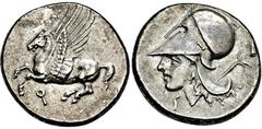GRIECHISCHE MÜNZEN, GRIECHISCHES MUTTERLAND, KORINTH UND SEINE KOLONIEN, KORINTH. Stater. 4. Jh. v. Chr. Pegasos l. Rs: Athenakopf mit korinthischem Helm l. Beizeichen geschmückter Thyrsos. BCD Coll. 