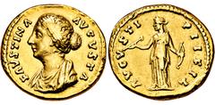 RÖMISCHE MÜNZEN, RÖMISCHES KAISERREICH FAUSTINA MINOR. GEMAHLIN D. M. AURELIUS 161-, Aureus. FAVSTINA AVGVSTA Drapierte Büste l. Rs: AVGVSTI PII FIL Diana steht l. mit Bogen, prüft einen Pfeil. C. 19.