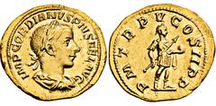 RÖMISCHE MÜNZEN, RÖMISCHES KAISERREICH GORDIANUS III. 238-244, Aureus. IMP GORDIANVS PIVS FEL AVG Belorbeerte, drapierte und gepanzerte Büste r. Rs: P M TR P V COS II P P Kaiser steht r. mit Speer und
