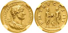 RÖMISCHE MÜNZEN RÖMISCHE MÜNZEN, RÖMISCHES KAISERREICH HADRIANUS. 117-138, Aureus. IMP CAESAR TRAIAN HADRIANVS AVG Belorbeerte, drapierte und gepanzerte Büste r. Rs: P M TR P COS III Hadrian steht r.,
