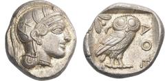 GRIECHISCHE MÜNZEN GRIECHISCHE MÜNZEN, GRIECHISCHES MUTTERLAND, ATTIKA, ATHEN. Tetradrachme. 479-404. Behelmter Athenakopf r. Rs: Eule r., dahinter Olivenzweig und Mondsichel. SNG COP. 32 ff. Svoronos