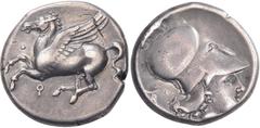 GRIECHISCHE MÜNZEN GRIECHISCHE MÜNZEN, GRIECHISCHES MUTTERLAND, KORINTH UND SEINE KOLONIEN, KORINTH. Stater. 4. Jh. v. Chr. Pegasos l. Rs: Athenakopf mit korinthischem Helm r. Beizeichen unsicher, mög