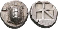 GRIECHISCHE MÜNZEN, GRIECHISCHES MUTTERLAND, AIGINA Stater. 456-404. Landschildkröte. Rs: Unregelmäßig geteiltes Quadratum incusum. SNG COP. 516 f. SNG München 561 f. 12.24g, Schöne Tönung. Vs. hohes 